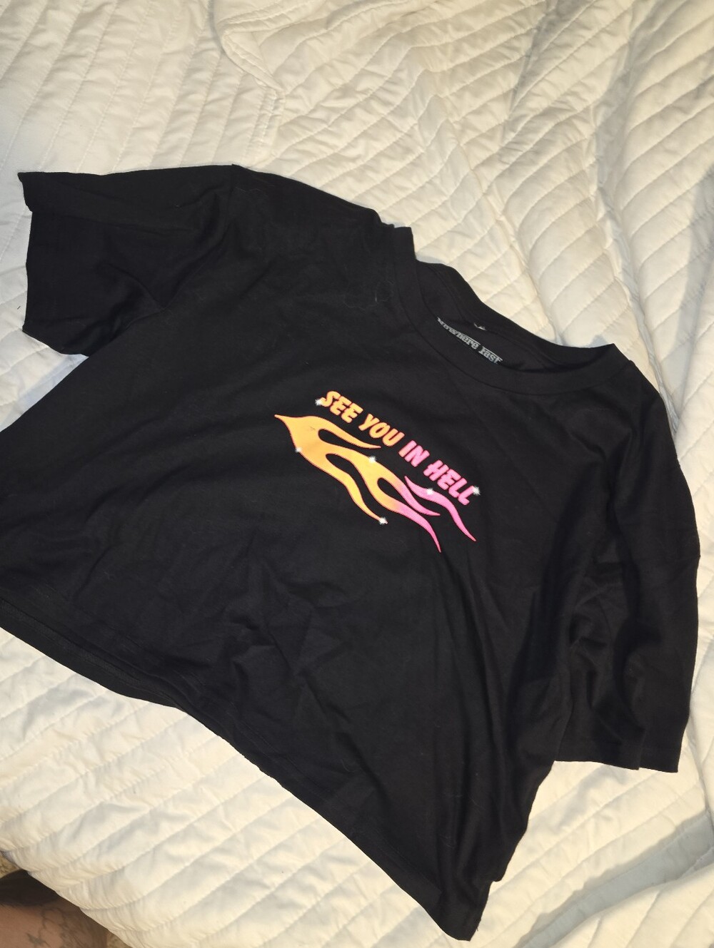 Black Graphic Short Sleeve Tee with Pink & Orange Flame Print